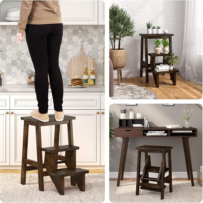 Costzon Folding 3 Step Stool, 3 in 1 Wooden Step Ladder with Handle, Non-Slip Pedal, Multifunctional Storage Shelf, Flower Rack for Kitchen, Library, Garage, Foldable Step Stool for Adults Kids