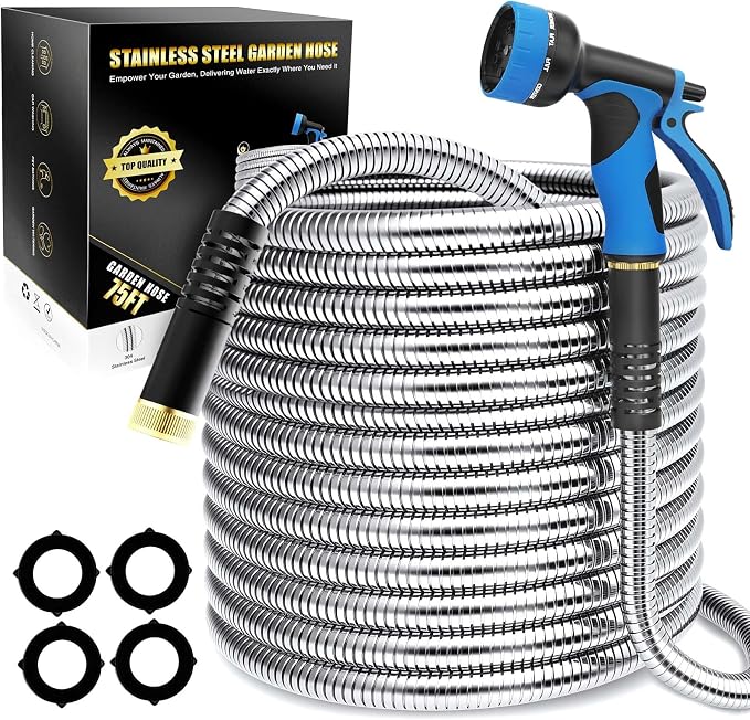 Lefree 75ft Metal Garden Hose - Heavy Duty 304 Stainless Steel Flexible Water Hose, No Kinks & Leak-Proof with Upgraded Handle, 10-Function Spray Nozzle for Yard, Garden, Pet Bath, Outdoor Cleaning | Flexible Heavy Duty No Kink Leak Proof with Upgraded...
