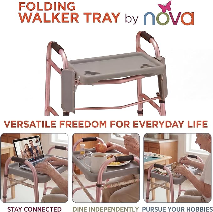 NOVA Folding Walker Tray Accessory – Flip-Up Walker Tray with 2 Cup Holders for Food, Drinks & Personal Items – No-Tool Installation – Easy Up/Down Mobility Tray for Standard Walkers
