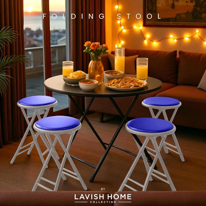 Lavish Home Folding Stool with Padded Backless Seat Set of 4, Blue, 24” | Counter Height Bar Stools with 225lb Capacity, Portable Indoor & Outdoor, Extra Seat for Kitchen, Rec Room or Camping