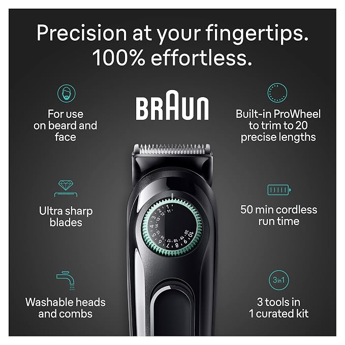 Braun All-in-One Style Kit Series 3 3430, 3-in-1 Trimmer for Men with Beard Trimmer, Ear & Nose Trimmer, Hair Clippers, Ultra-Sharp Blade, 20 Length Settings, Washable