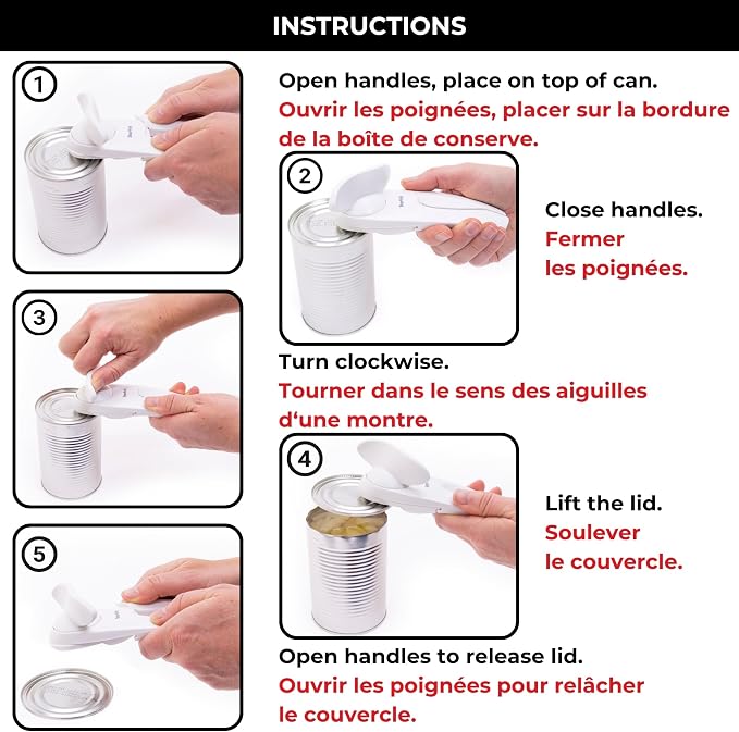 Starfrit Little Beaver Can Opener, Safe, Comfort Grip, Red | Safe can opener. Holds lid. No sharp edges. Comfort grip. 3-year warranty.