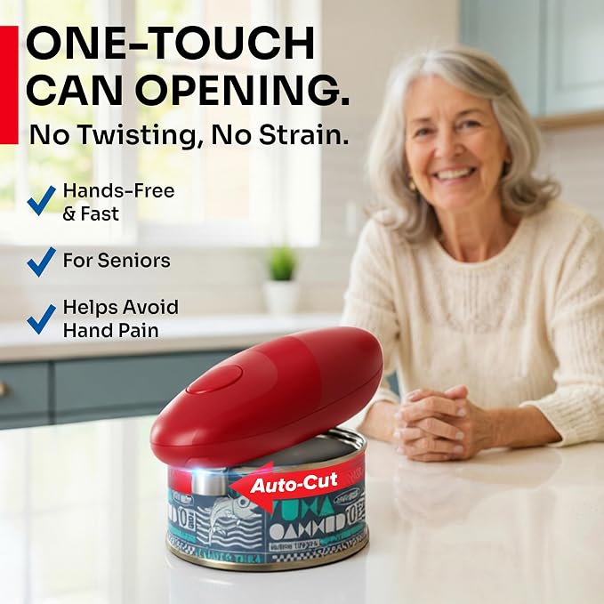 MUELLER HOME SmoothEdge Auto Can Opener Electric, Red | Battery-Operated, Magnet Lid Lifter, Portable Hands-Free One Touch, For Seniors & Arthritis, Kitchen Accessories
