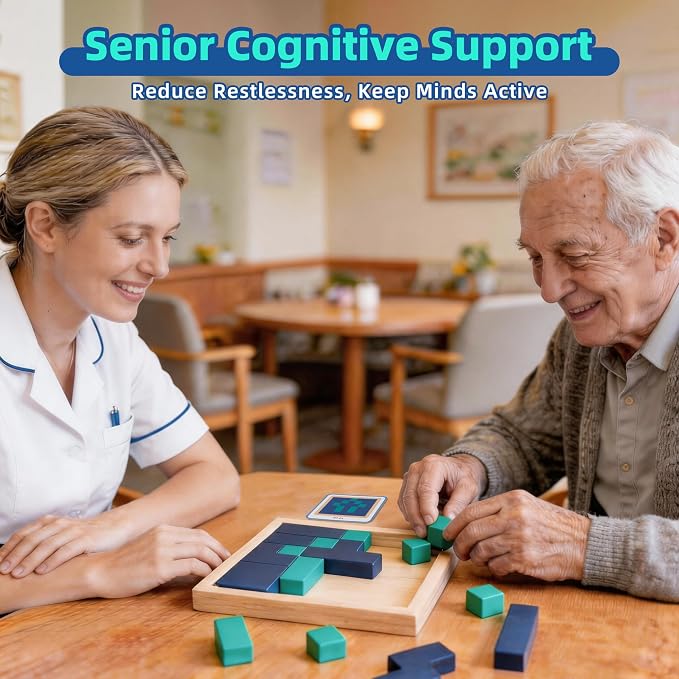 Wooden Puzzle, Memory Care Dementia & Alzheimer’s Seniors w/Storage Tray | 60 Graded Cognitive Support Levels, Easy-Grasp Wood Blocks, Multi-Use Sensory Fidget Tray for Home & Facility Memory Care