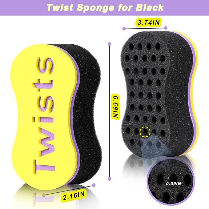 2Pcs Yellow Curl Sponge Set for Men & Women - Small Holes Design, Two-Sided for Natural and Black Hair Styles, Twist Sponge Brushes