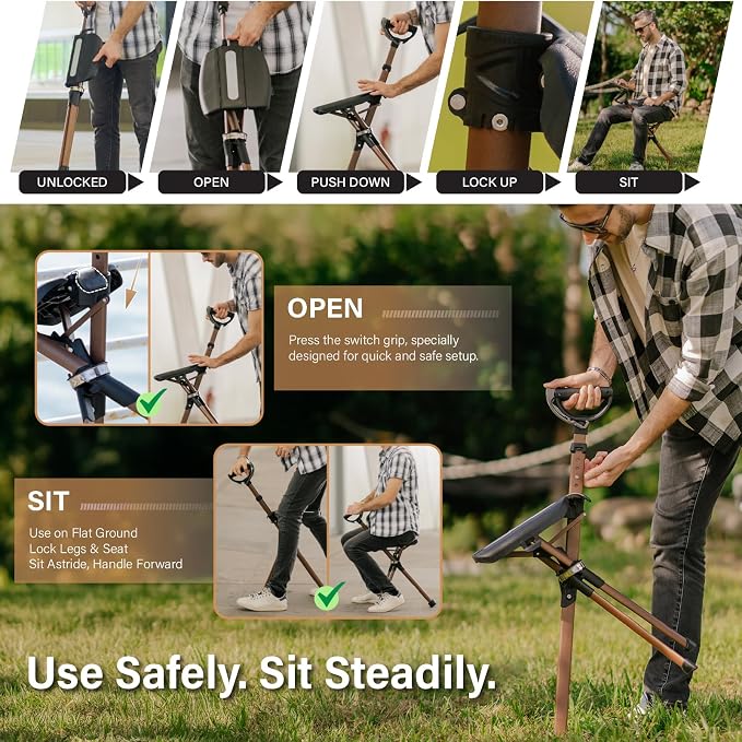STEP2GOLD Ta-Da Chair Series 2 PRO MAX - Walking Cane with Seat, Sturdy Foldable Stool Supports 400 lb, Lightweight Aluminum Walking Stick with Chair, Anti-Slip, Ideal for Hiking & Outdoors (Black)