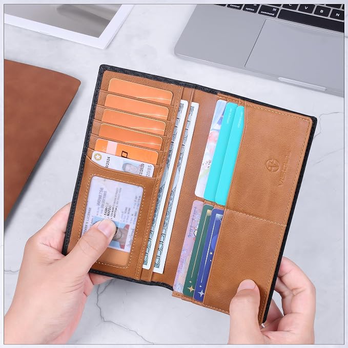 VISOUL Leather Checkbook Cover Wallet for Men with RFID Blocking, Mens Long Bifold Cash Tall Wallet with 11 Credit Card Slots 1 ID Window (Black+Tan)
