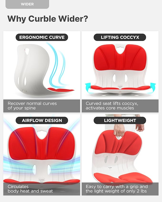 curble Wider – Ergonomic Desk Chair Seat Cushion, Everyday Passive Posture Trainer for Work from Home, Office & Car, Breathable Lumbar Support