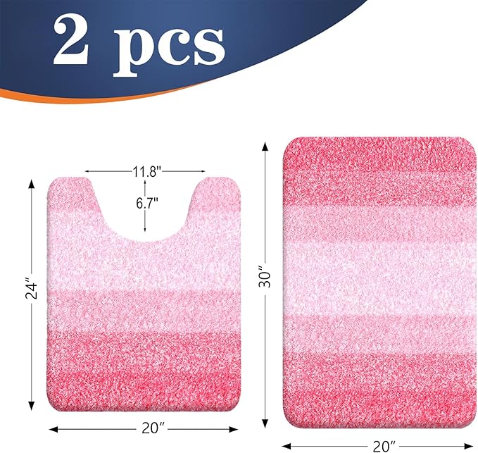OLANLY Bathroom Rug Set 2 Piece, Soft Absorbent Microfiber Bath Mats and U-Shaped Contour Toilet Rug, Non-Slip, Machine Wash Dry, Plush Shaggy Bath Mats for Bathroom (30"x20"+U24 x20, Pink)