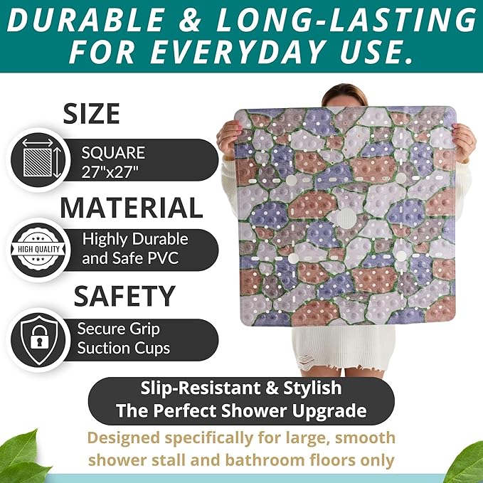 ENKOSI Square Shower Mat 27x27 inch - Anti Slip Shower Stall Floor Mat - Non Slip Shower Mats with Strong Secure Suction Cups and Drain Holes in Middle (27x27 Stone Path)