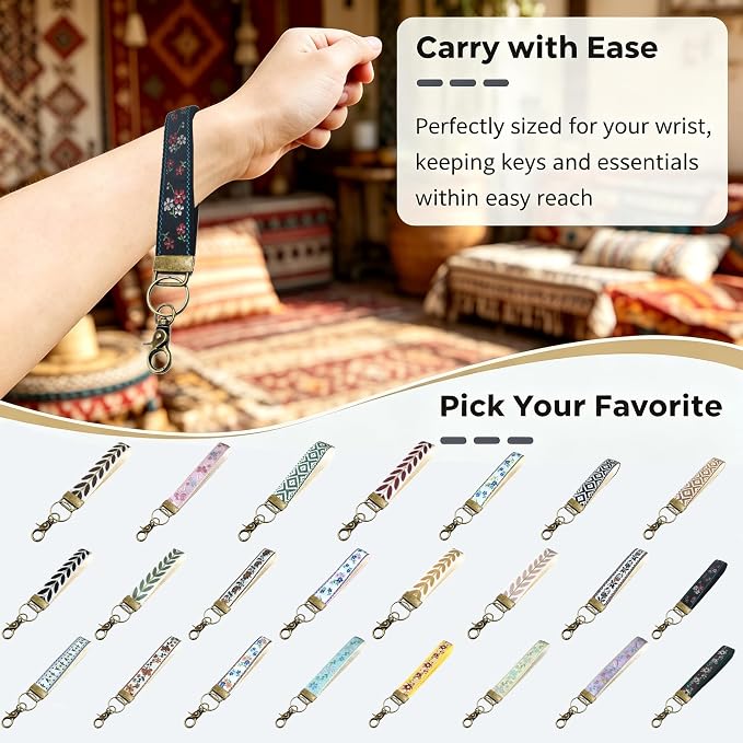 Boho Vintage Embroidered Floral plant Wristlet Keychain for Women | Cute Lanyard&Antique Brass Clasp, Lightweight Hands-Free Key Holder for keys,purses,handbags and daily outdoor use for ladies