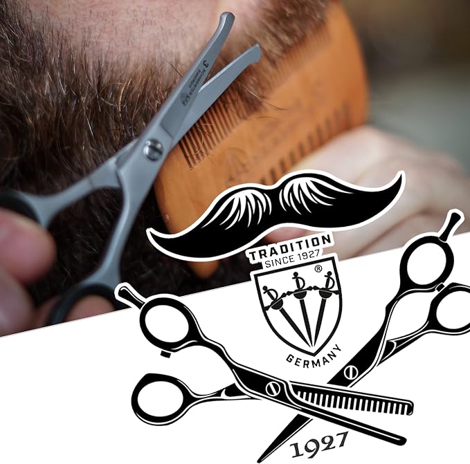 3 Swords Germany – professional BEARD MUSTACHE HAIR SCISSORS with BEARD COMB, stainless steel, straight blade, sharp, with black case