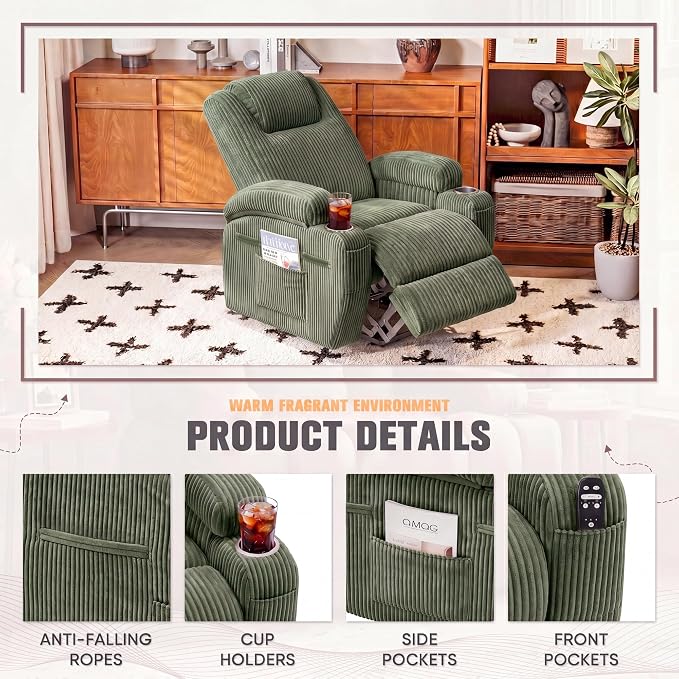 Flamaker Power Lift Recliner Chair Electric Lift Recliner for Elderly | Power Lift Recliner Chair with Cup Holders Side Pockets for Living Room (Corduroy, Green)