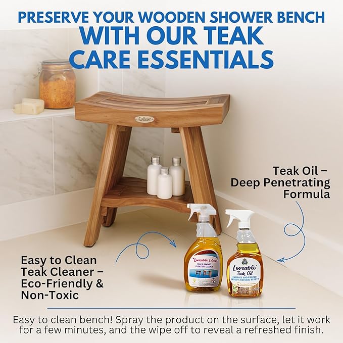 EcoDecors Serenity Teak Shower Bench – 18 Inch, Natural Finish + Loveable 24 oz Teak Oil + Loveable 32 oz Teak Cleaner + Loveable 16 oz Protexion Sealer