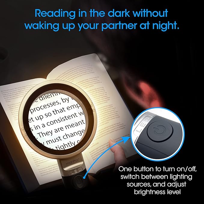 MagniPros Extra Large 10X Magnifying Glass with Detachable Lenses- 3 Color Modes with Self-Standing Non-Slip Ergonomic Handle for Hobbyists, AMD, Reading Fine Print, Seniors