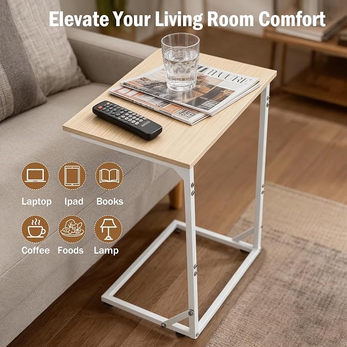 C Shaped End Table for Couch, Small Side Table for Living Room & Bedroom, Slide Under Sofa Table for Laptop, Coffee, Snacks, Easy Assembly, Modern Design