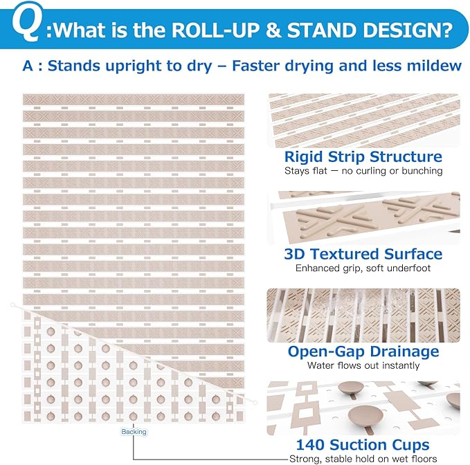 Non Slip Rubber Bathtub & Shower Mat - Fast Drain & Upright Drying Design, Strong Suction Cups, Structured Textured Surface, Low-Maintenance Bathroom Safety Mat, 27 x 16 Inch, Beige, Matace