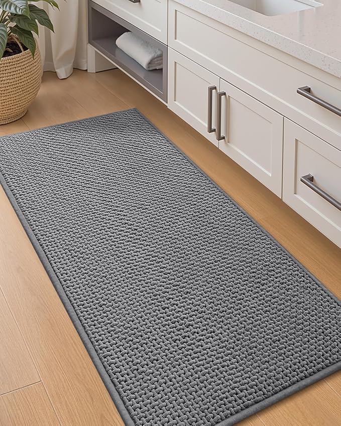 Color&Geometry Chenille Pile Long Bathroom Runner Rugs Upgraded Denser, 17"x47" Non Slip Absorbent Grey Bath Mats for Bathroom Thin Fit Under Door, Washable Quick Dry