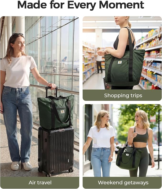 Foldable Travel Bag, 26L Duffle Bag for Travel, Expandable Second Carry-On Bag for Travel & Shopping, Water-Resistant Personal Item Bag, Dark Olive