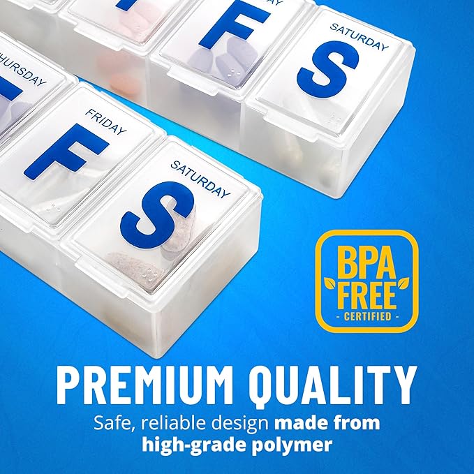Weekly Pill Organizer - 7-Day Pill Planner Extra Large Pill Planner and Daily Pill Organizer and Medicine Reminder, Monday to Sunday Compartments - BPA Free - Travel Pill Box Case (Pack of 4)