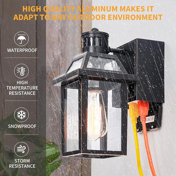 Yisuro Porch Lights with GFCI Outlet, Dusk to Dawn Motion Sensor Outdoor Light, 3 Lighting Modes Exterior Fixture, Outside for House Front Door Patio Garage(2 Pack Black)
