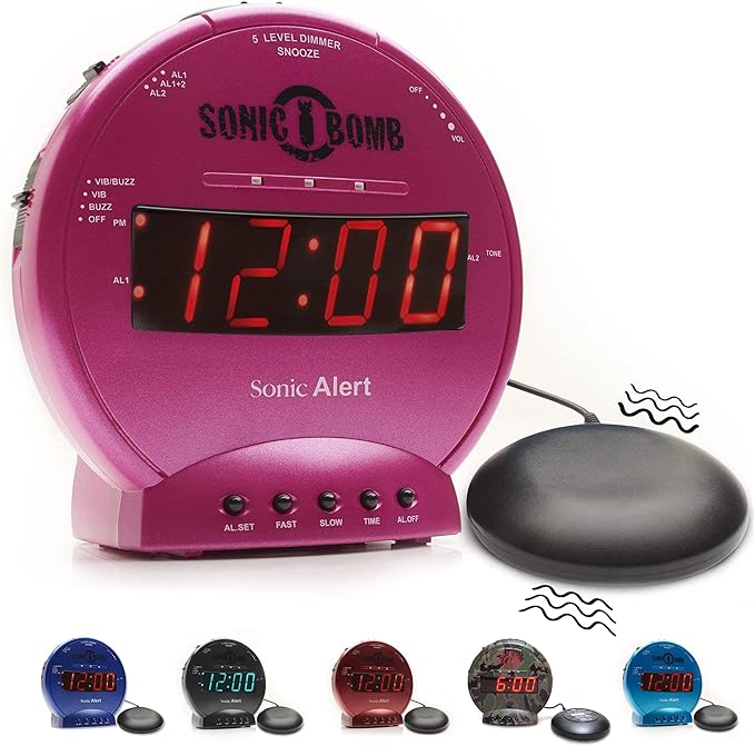Sonic Alert Sonic Bomb Dual Alarm Clock with Bed Shaker, Pink Vibrating Alarm Clock for Heavy Sleepers, Battery Backup | Wake with a Shake