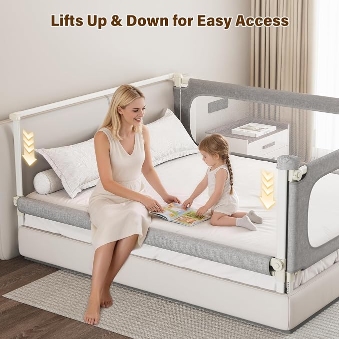 King Size Bed Rails for Toddlers: 3-Piece with Corner Cushion | Stable, Tool-Free Install, Fold-Down & Dual Safety Lock, Side Pocket, Adjustable for 2-13" Mattress, for Baby Co-Sleeping