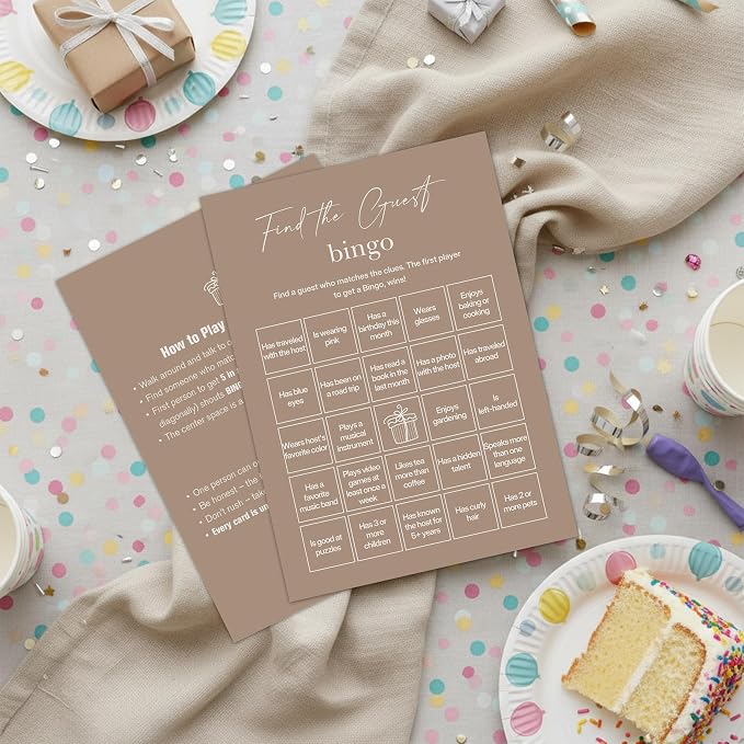 Find The Guest Bingo Cards – 25 Unique Cards, Icebreaker Party Games for Adults, Rustic Brown Mingle Activity for Birthday Parties, Family Reunions, Office Events & Friendsgiving