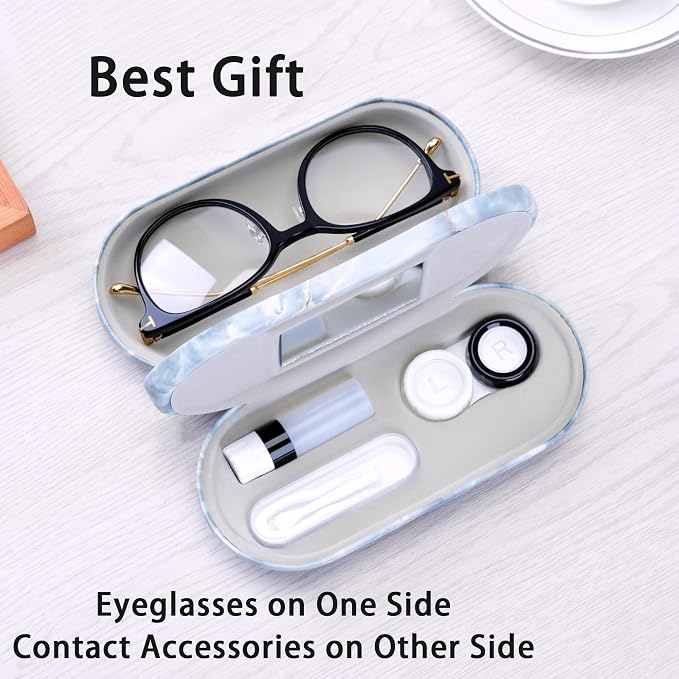 Muf 2 in 1 Contact Lens Case and Glasses Case, Double Sided Design with Mirror, Portable Travel Kit with Tweezer, Remover and Solution Bottle, Green Grey Marble