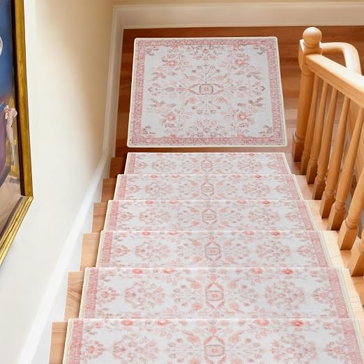 RORA Stair Treads Landing Mat, 30x30 Stair Landing Rug for Indoor | Non-Slip, Washable, For Wooden Steps, Floral Design, Stair Rugs Mat for Pets, Pink