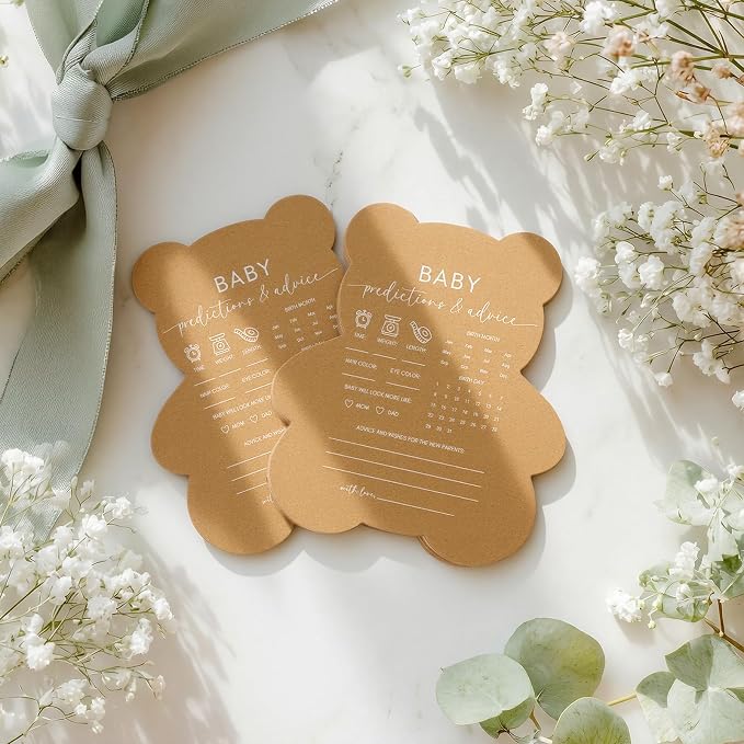 50 Pcs Bear Baby Shower Games Predictions and Advice Cards Game for New Parents Girl or Boy Funny Baby Shower Games Fun Gender Neutral Activity Kraft Paper Cards
