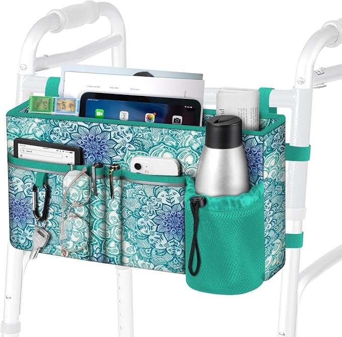 FINPAC Large Walker Tote Bag w/Cup Holder, Folding Walker Attachment Pouch | Water-resistant Polyester, Organized Pockets, Reflective Strip, Mobility Aid Storage Basket for Seniors, Emerald Illusions