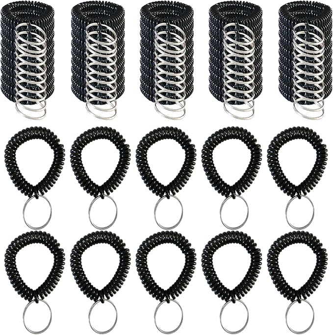 10 Pieces Wrist Coil Keychain Spiral Key Ring, Solid Black | Wristband Bracelet Key Holder for Pool Gym ID Badge