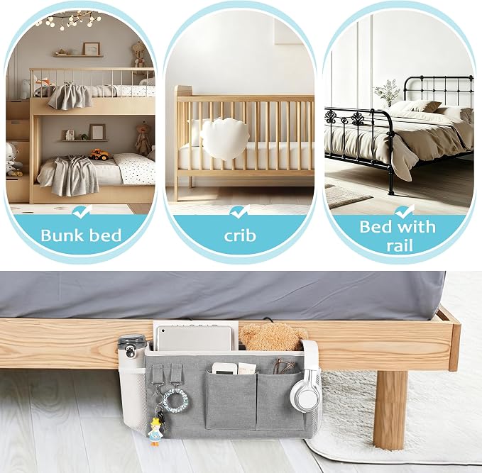 Bedside Caddy, Bedside Storage Bag Hanging Organizer for Bunk Dorm Bed Rail | Bed Caddy with Hooks, Top Bunks and Dorm Essentials for Water, Tissues, Tablets, Books, Phones, Remotes and Other Necessories