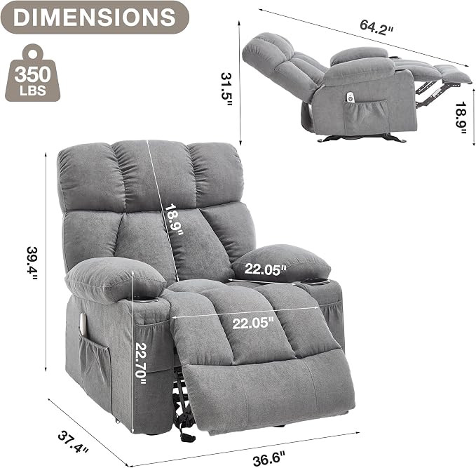 Massage Rocker Recliner Chair with Heat and Vibration Ergonomic Rocking Lounge Chair for Living Room Comfy Overstuffed Recliner with 4 Side Pockets,2 Cup Holders, USB Charge Port, Grey
