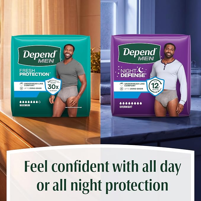 Depend Night Defense Adult Diapers, Incontinence Underwear for Men, Disposable, Overnight, Extra-Large, Grey, 20 Count, Packaging May Vary (Pack of 2)