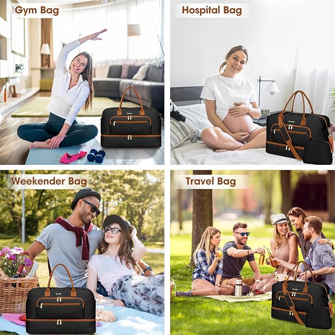 Large Women Travel Duffle Bag, Weekender Bags for Women with Shoe Compartment, Carry on Overnight Bag with Toiletry Bag, Gym Duffel Bag with Wet Pocket, Hospital Bags for Labor and Delivery 3 PCS Set