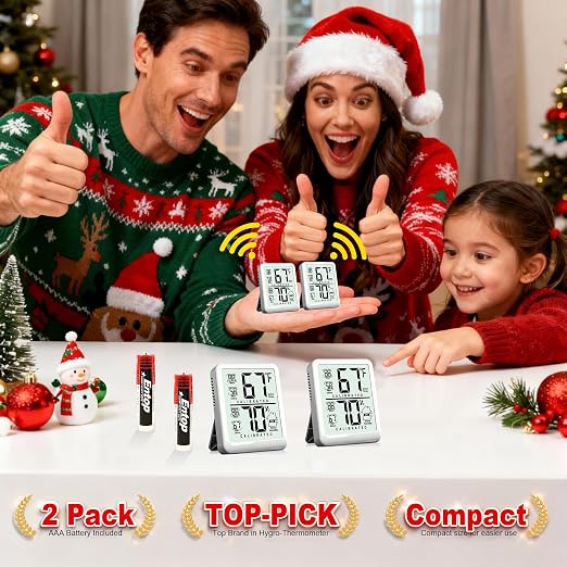 2 Pack Room Thermometer Indoor Hygrometer with Max/Min Record | W/ Battery, 24h Max/Min Record, Accurate Sensor, Fast Refresh, Easy to View, ℉/℃, Durable Kickstand, Compact, for Home Office