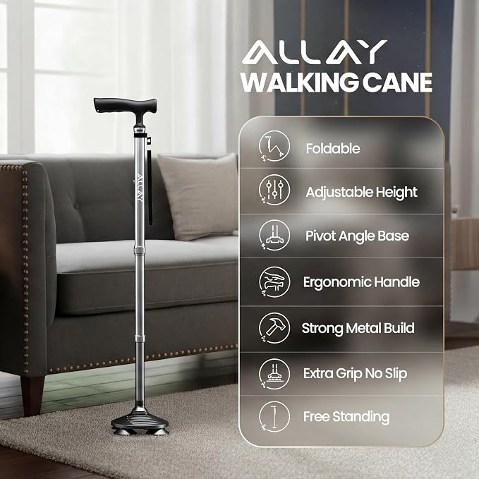 Allay Walking Canes for Men & Women - Adjustable Canes for Women for Stability, Self Standing Wide Quad Pivot Base, Light Weight, Soft Handle Grip and Travel Bag, Walking Sticks for Seniors
