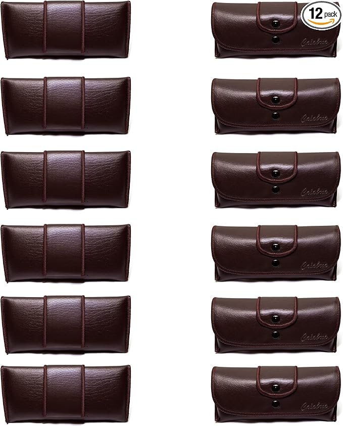Calabria Double Snap Belt Loop Eyeglass Case PU Leather Brown Old School Vintage Eye Glasses Pouch Semi-Hard Sunglass Holder - 12PACK
