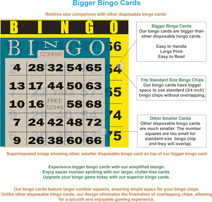 100 Bingo Cards, Large 4.5 x 4.5 Inch, Yellow, Paper Bingo Sheets | 8 Color Options, Premium Cardstock, Disposable with Daubers or Reusable with Chips — Proudly Made in USA