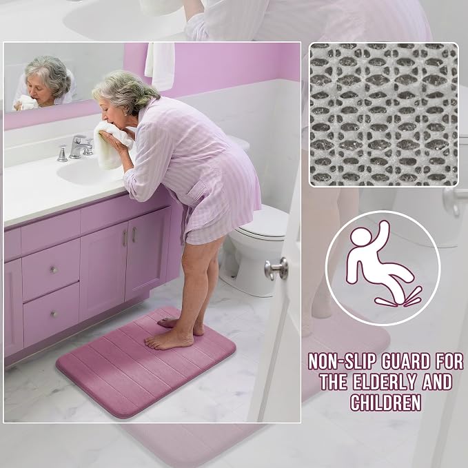 Yimobra Memory Foam Bath Mat, Super Soft Absorbent Bathroom Rug Non Slip, Quick Dry, Machine Washable Floor Carpet for Tub Shower, Home Decor Accessories, 24x17, Mauve