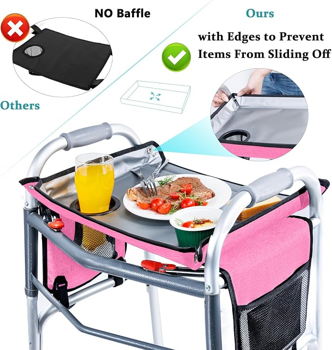 BAGSFY Walker Tray with Cup Holder & Side Pocket – Hard Top Walker Table for Seniors – Folding Walker Accessory for Meals, Reading, Drinks – Non-Slip Surface, Tool-Free Install, Universal Fit