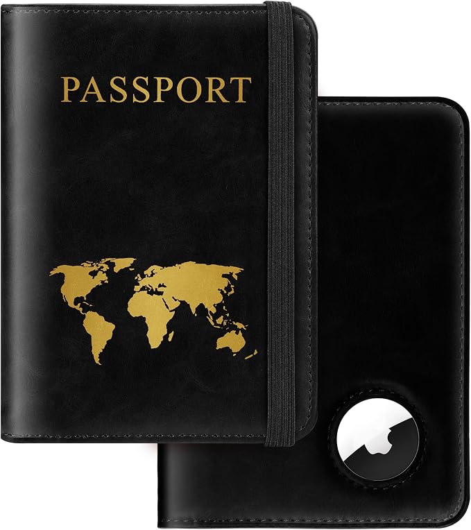 Passport Holder Travel Women Men, Passport Wallet with Airtag Slot, Black | RFID Blocking PU Leather Passport Holder Cover Case with Card Holder, Pen Slot