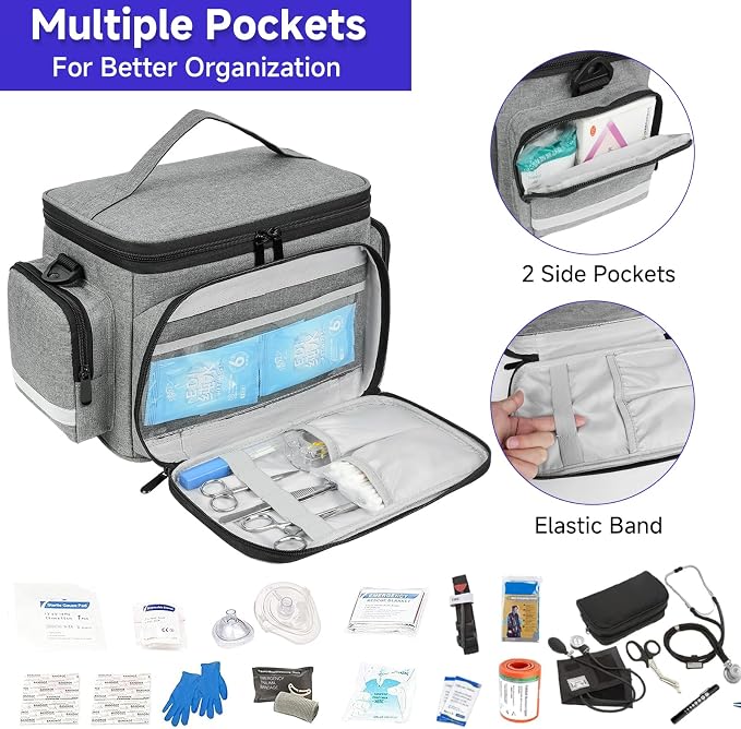 LEFOR·Z Small Medical Bag,First Aid Bag Empty,Home Health Nurse Bag with Detachable Divider,Medical Supplies Storage Tote for Nursing Student,Therapist,Doctors,Grey(11.75 x 7.6 x 8 inch)
