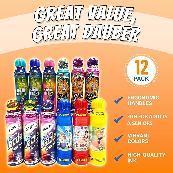 Dab O Ink, Sunsational, Dab O Ink Dazzle and Super Bright Bingo Daubers Bulk 3 oz. 12-Pack - Special Variety Pack of Colors, Styles - Bingo Markers for Adults