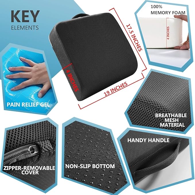 YOUFI Extra Thick Large Seat Cushion with Extra Cover, Gel Memory Foam Cushion with Carry Handle Non Slip Bottom, Pain Relief Coccyx Cushion for Office Chair, 19''x17.5''x4'' (Black Cover)