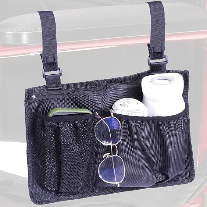 XAOMING Wheelchair Side Bag with Cup Holder,wheelchair accessories adult for Walker, Rollator, Electric Scooter Wheelchairs，Power Wheel - Side Storage Organizer for Elderly