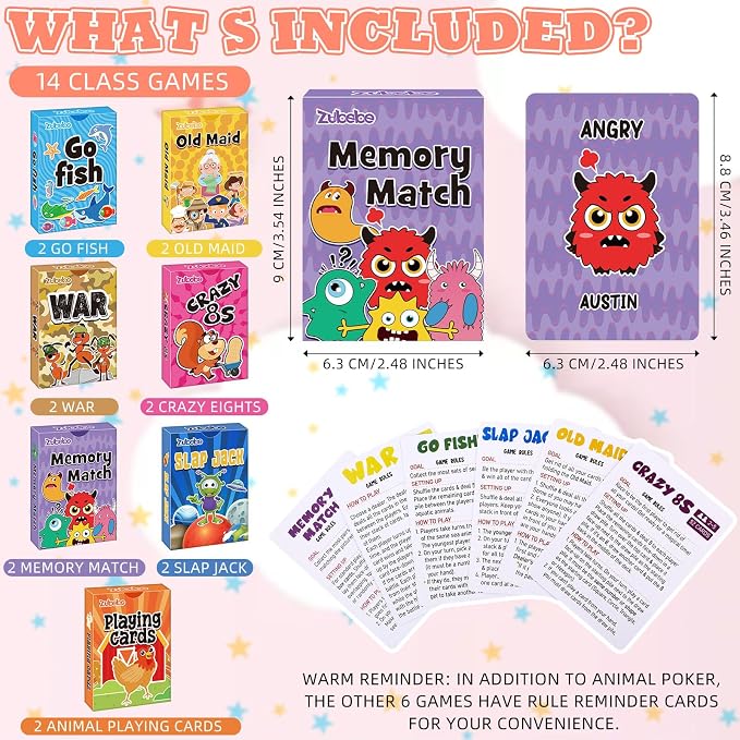 Zubebe 42 Pack Kids Card Games Gifts Bulk Classic Playing Card Game Set for Kids Includes Go Fish, Old Maid, Crazy Eights, Memory Match, Slap Jack, Playing Toy for Party Favors (Vivid)