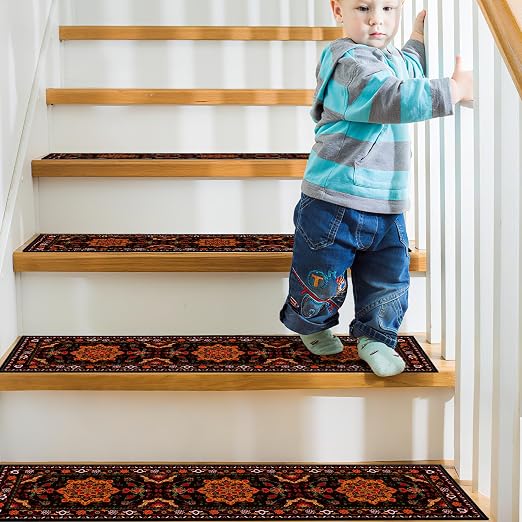 Stair Treads for Wooden Steps 15 Pack, Vintage Distress Print Pattern Runners Non Slip and Washable, Rug Carpet for Stairs with Silicone Backing 8" X 30"